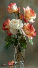 Beautiful rose bouquet in glass vase with soft colors and delicate petals on a neutral background