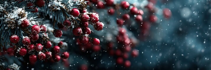 Vibrant red berries covered in snow with a gentle snowfall in a winter forest setting
