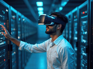 A user wearing a virtual reality headset interacts with advanced server technology inside a futuristic data center environment.