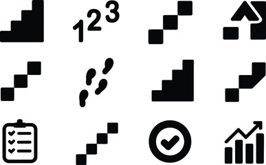 Fototapeta premium Black and White Icon Set: Stairs, Checklist, Footprints, Numbers, Checkmark, and Charts