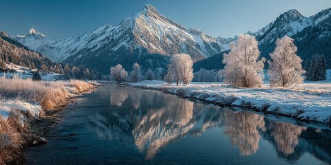 Snowy mountains and serene river reflect winter's beauty in a peaceful valley landscape in early morning light