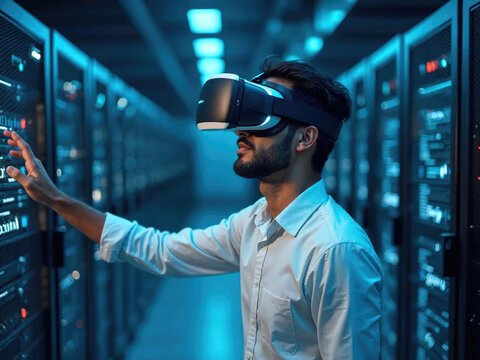 A user wearing a virtual reality headset interacts with advanced server technology inside a futuristic data center environment.