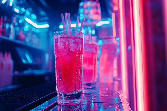 Generative AI image of stylish bar setting with alcoholic drink and ice on counter in vibrant nightlife atmosphere