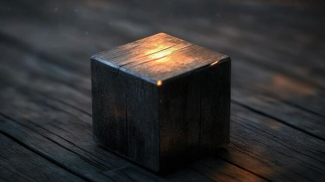 Mysterious glowing wooden cube resting on rustic table