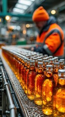Bottles of amber beverage move along production line in factory during evening shift with worker in safety attire