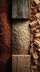 Wood shavings, sawdust, and ground spices arranged in a textured layout on a wooden background