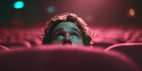 Man gazing upward in an empty theater with colorful lighting during evening performance