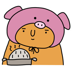 cartoon illustration of a pig monster is eating grilled pork
