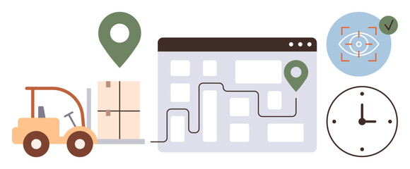 Forklift carrying goods, route map tracking with location markers, delivery confirmation, and a clock for time management. Ideal for logistics, supply chain, delivery systems, transportation, freight