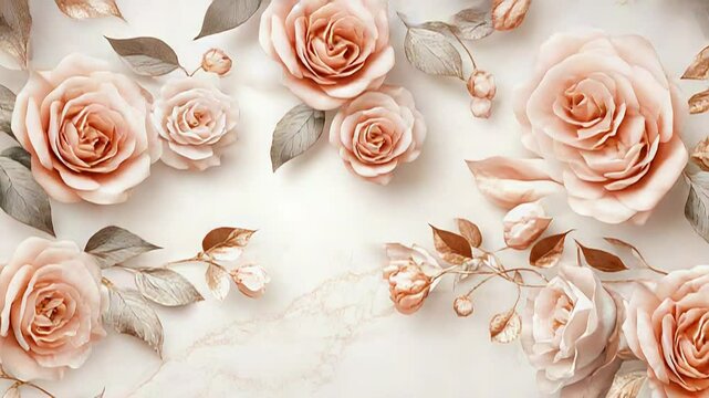 Elegant peach roses and gold leaves frame a marble background