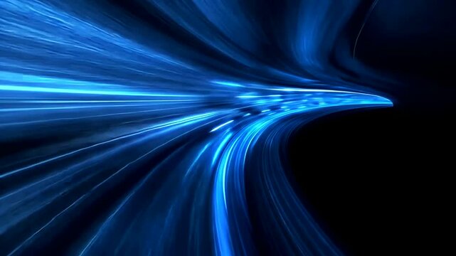 Dynamic blue light trails racing through the dark, abstract speed and future concept