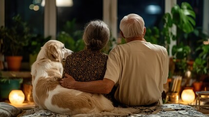 Couple and dog relaxing evening