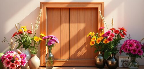 Sunlit wooden frame surrounded by colorful flower vases, soft shadows,  composition,  tranquil
