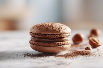 Close up of a single chocolate macaron with hazelnuts on a light surface in a soft focus shot