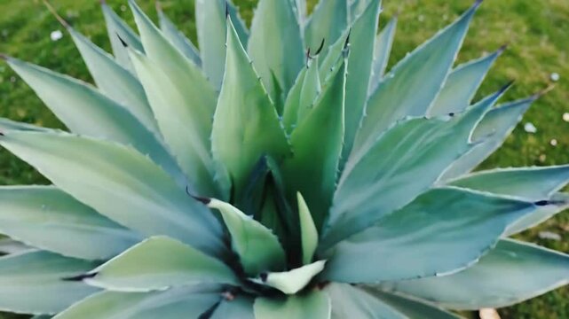 Large agave americana growing on green grass in public park