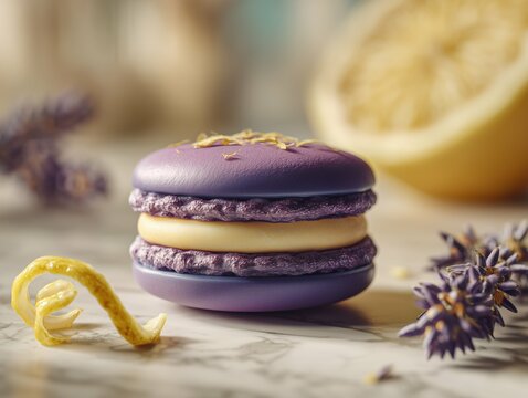 A lavender macaron with lemon filling and lemon zest on a marble surface with lavender and lemon