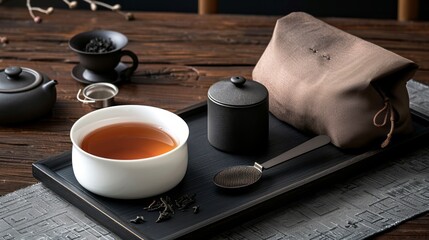 Serene Tea Ceremony: An Elegant Still Life Featuring Traditional Asian Tea Set, Dark Wooden Table, and Calm, Peaceful Atmosphere for Relaxation