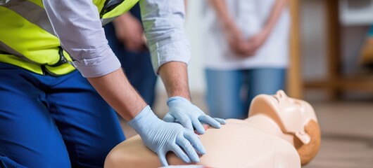 First aid training. Paramedic performs CPR techniques on a mannequin chest