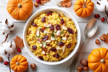 Fototapeta premium Creamy pumpkin risotto garnished with almonds and cranberries on rustic background