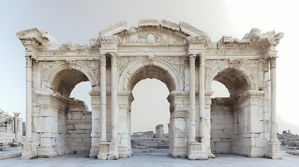 Obraz premium Ancient stone archway ruins against a pale sky.