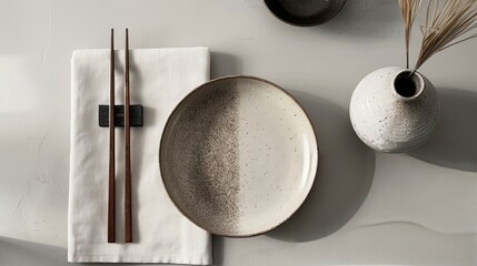 Minimalist dining arrangement showcasing an earth-toned plate, chopsticks on a napkin, and a round vase against a light gray backdrop highlighting natural aesthetics.