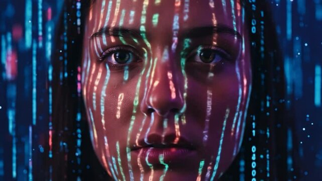 Woman's Face Illuminated by Flowing Digital Code in a Futuristic Setting