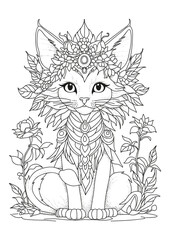 Magical fairy cat decorated with flowers. Coloring page for children and adults. Illustration for coloring.