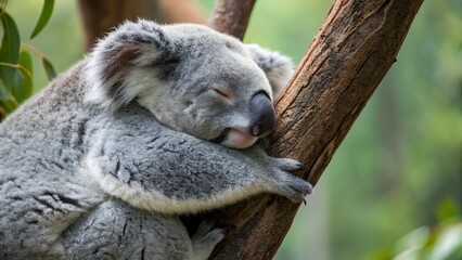 Obraz premium A cute koala bear sleeps peacefully on a tree branch in its natural habitat