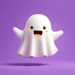 Obraz premium Cute happy white ghost with rosy cheeks floating against a purple background
