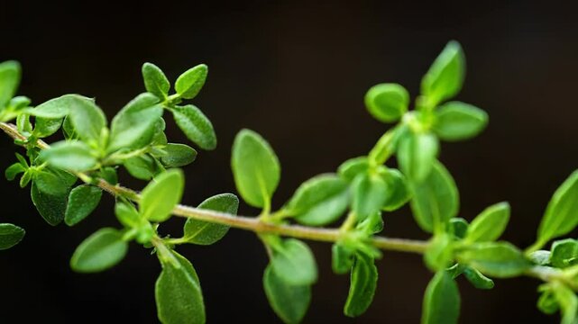 Fresh thyme sprig with vibrant green leaves on dark background