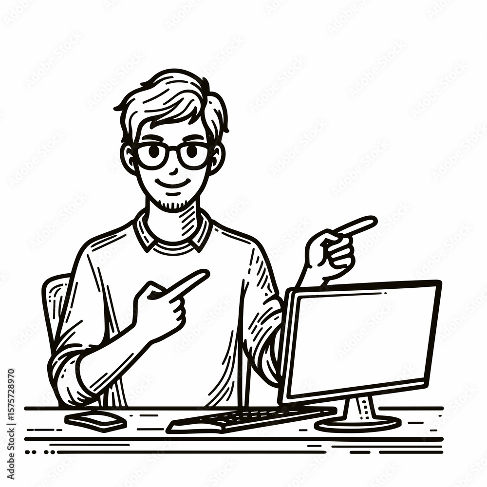 Fototapete A American Developer pointing at code screen. Career Job Profession Occupation Employment Work Clipart Line Art Vector Illustration. Usa programmer indicating computer display with program.