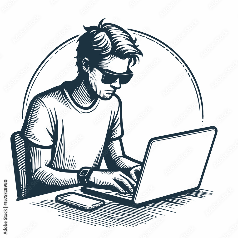 Fototapete a american developer typing on laptop. career job profession occupation employment work clipart line