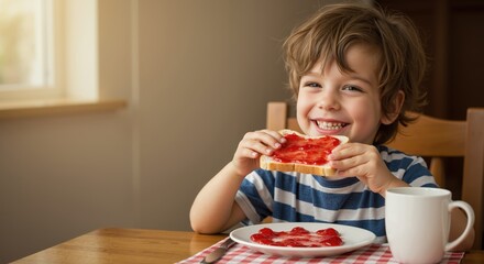 Happy boy enjoying strawberry jam toast at breakfast table  