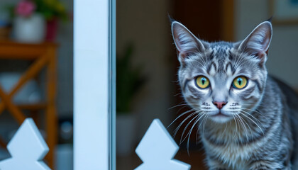 Close-up portrait of a cute cat with bright eyes looking out a window
