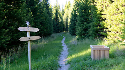 Forest with a trail, wooden signposts and a song thrush bird. Spruce summer forest, natural environment with a trash can. Background.