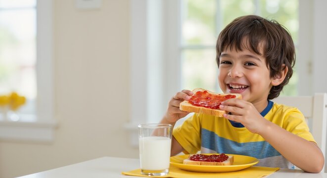 Happy young boy eating toast with jam and drinking milk at home