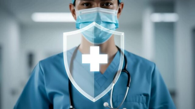 Doctor and medical holographic shield icon showing with cross innovation, security and future of medical advancements. Advanced digital technology in modern healthcare. Protection personal data