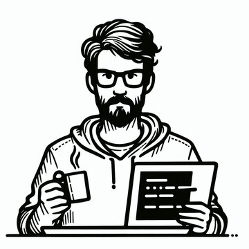A American Developer debugging with coffee mug. Career Job Profession Occupation Employment Work Clipart Line Art Vector Illustration. Usa coder fixing code java cup programmer at work.
