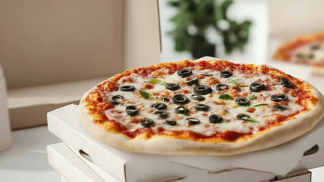 Delicious pizza with black olives and mozzarella resting on stacked cardboard boxes