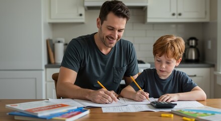 Father and son studying together at kitchen table in modern home  
