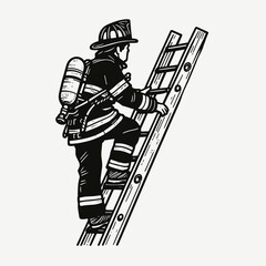 A American Firefighter climbing ladder rescue. Career Job Profession Occupation Employment Work Clipart Line Art Vector Illustration. Usa rescuer ascending stairway aiding people in peril.