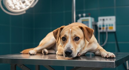Dog lying on examination table in veterinary clinic under lights  