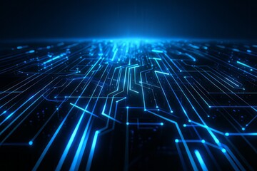 Abstract network grid of glowing blue lines representing technology, connectivity, artificial intelligence, and futuristic digital landscapes on a dark gradient background.
