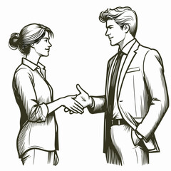 Fototapeta premium A American Manager greeting team member. Career Job Profession Occupation Employment Work Clipart Line Art Vector Illustration. United states leader welcomes group associate with pleasant.