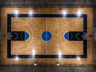 Nighttime aerial view of a lit indoor basketball court
