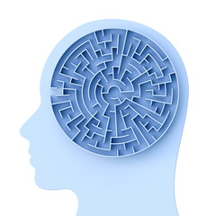 Human head in shape of maze or labyrinth on a isolated background with copyspace. Concept of mental health. Human head and inside a maze.