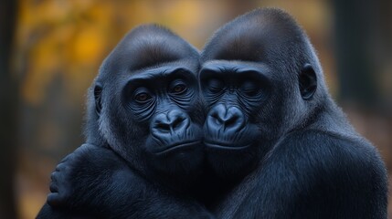 Fototapeta premium Two gorillas gently touching noses in warm autumn light, showing affection and connection.