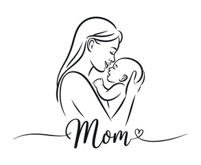 Elegant Line Art Illustration of Mother Holding Baby with Mom Script and Heart Perfect for Mother s Day and Family Designs