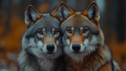 Loving wolf couple resting in golden forest light, realistic emotional animal portrait.