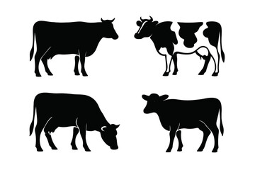 Different silhouettes of cows in various poses showcasing their diverse shapes and features in a simple design
